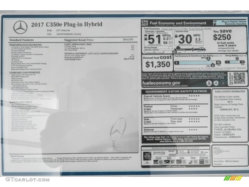 2017 Mercedes-Benz C 350e Plug-in Hybrid Sedan Window Sticker Photo #121806084