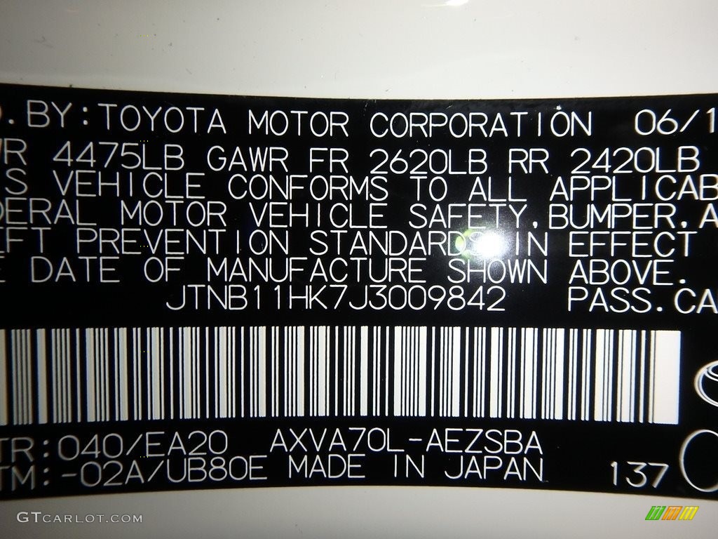 2018 Camry Color Code 040 for Super White Photo #121812409