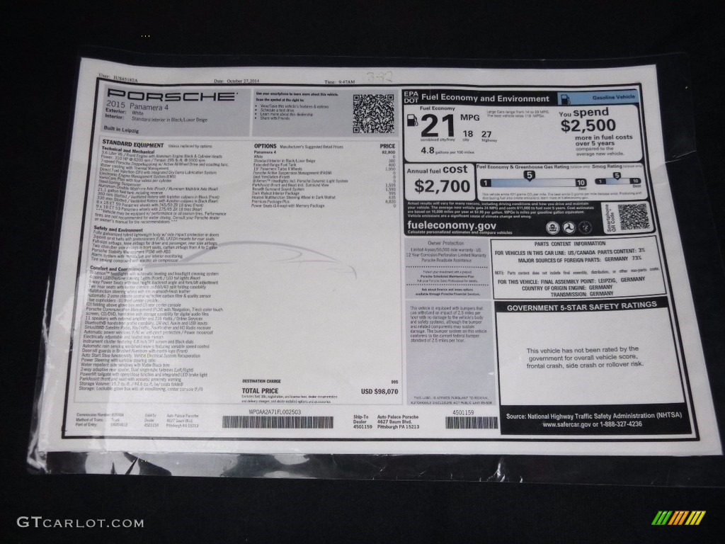2015 Porsche Panamera 4 Window Sticker Photos