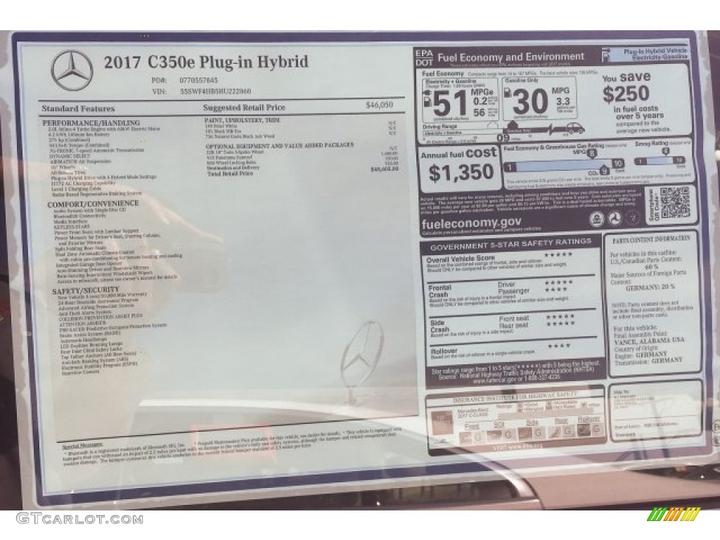 2017 Mercedes-Benz C 350e Plug-in Hybrid Sedan Window Sticker Photo #121901968