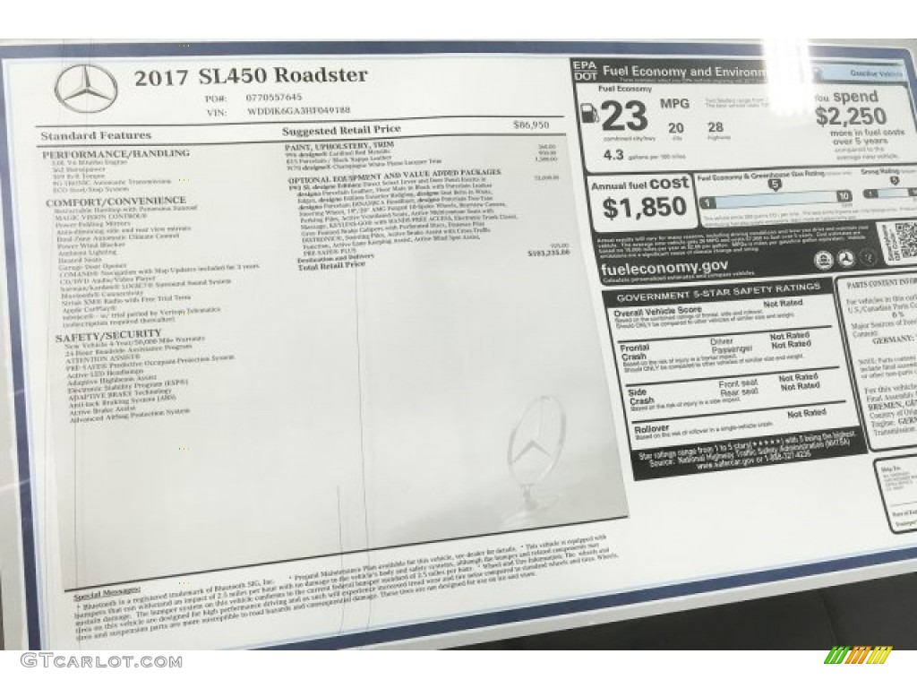 2017 Mercedes-Benz SL 450 Roadster Window Sticker Photo #121902412