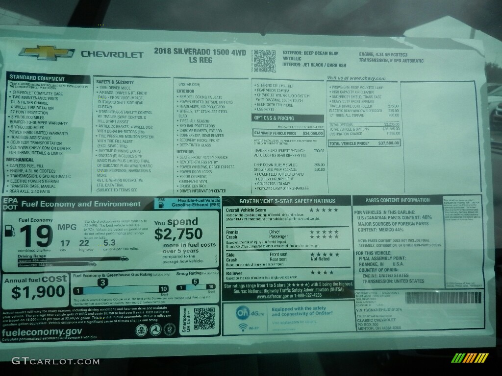 2018 Chevrolet Silverado 1500 LS Regular Cab 4x4 Window Sticker Photo #121914463