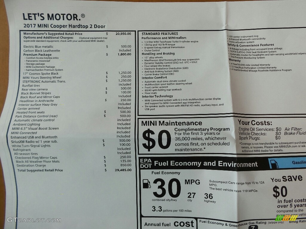 2017 Hardtop Cooper 2 Door - Electric Blue Metallic / Carbon Black photo #6