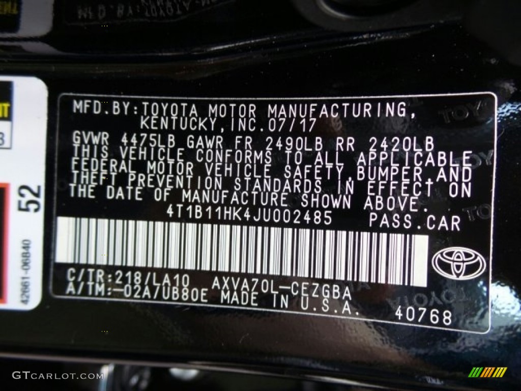 2018 Camry Color Code 218 for Midnight Black Metallic Photo #121952852
