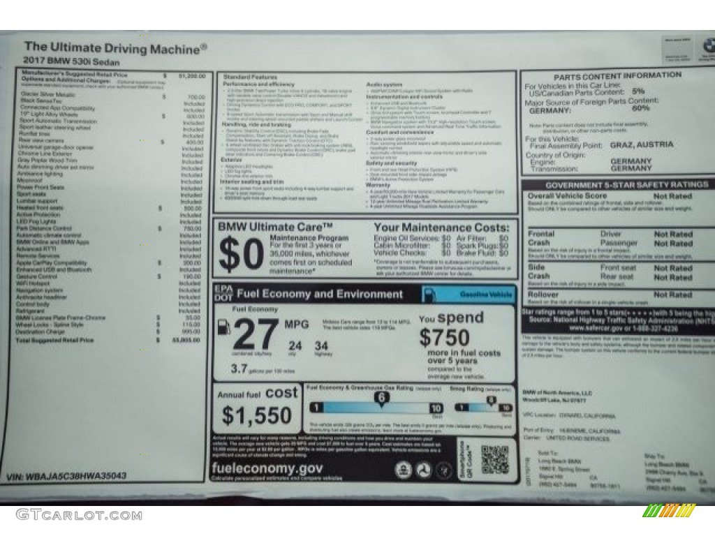 2017 5 Series 530i Sedan - Glacier Silver Metallic / Black photo #10