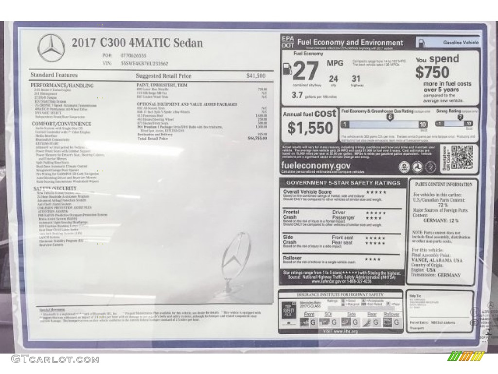 2017 Mercedes-Benz C 300 4Matic Sedan Window Sticker Photo #121965788