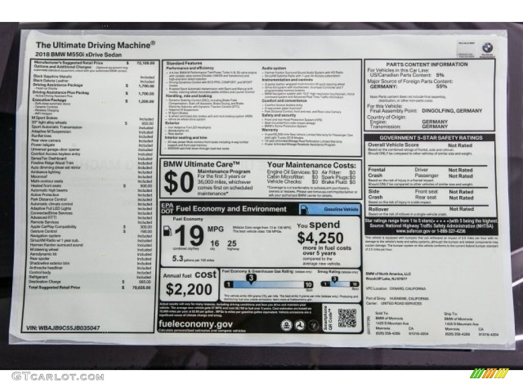 2018 BMW 5 Series M550i xDrive Sedan Window Sticker Photo #121983494