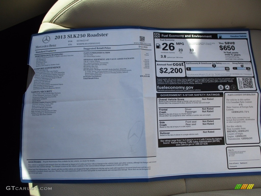 2013 SLK 250 Roadster - Mars Red / Sahara Beige photo #10