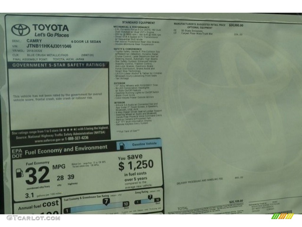 2018 Camry LE - Blue Crush Metallic / Ash photo #10