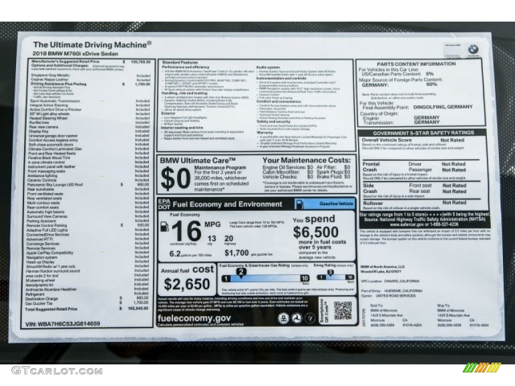 2018 BMW 7 Series M760i xDrive Sedan Window Sticker Photo #122018592