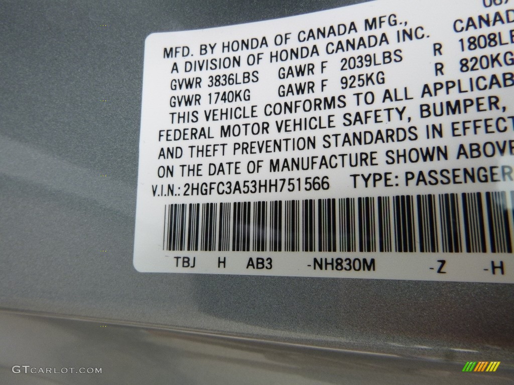 2017 Civic Color Code NH830M for Lunar Silver Metallic Photo #122068508