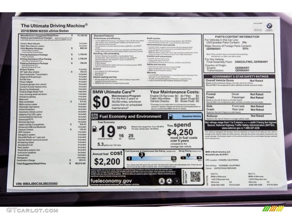 2018 BMW 5 Series M550i xDrive Sedan Window Sticker Photo #122097080