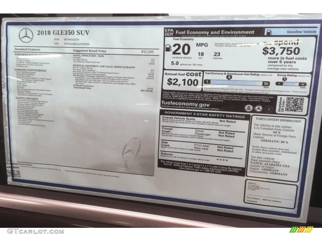 2018 Mercedes-Benz GLE 350 Window Sticker Photo #122105153