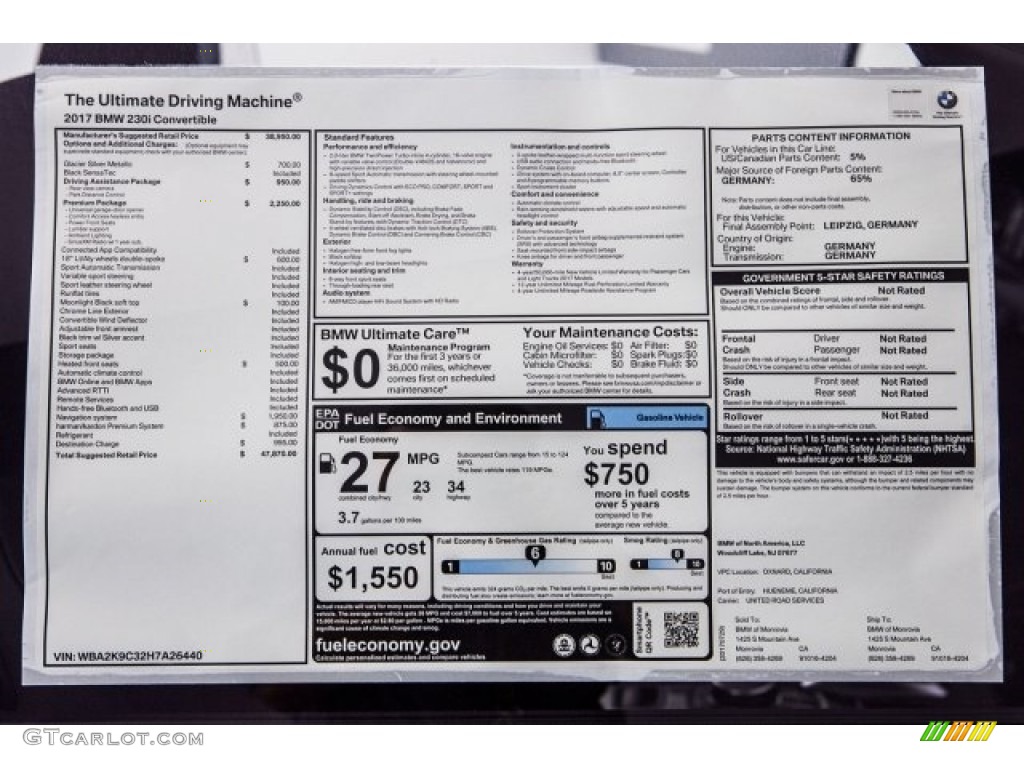2017 BMW 2 Series 230i Convertible Window Sticker Photos