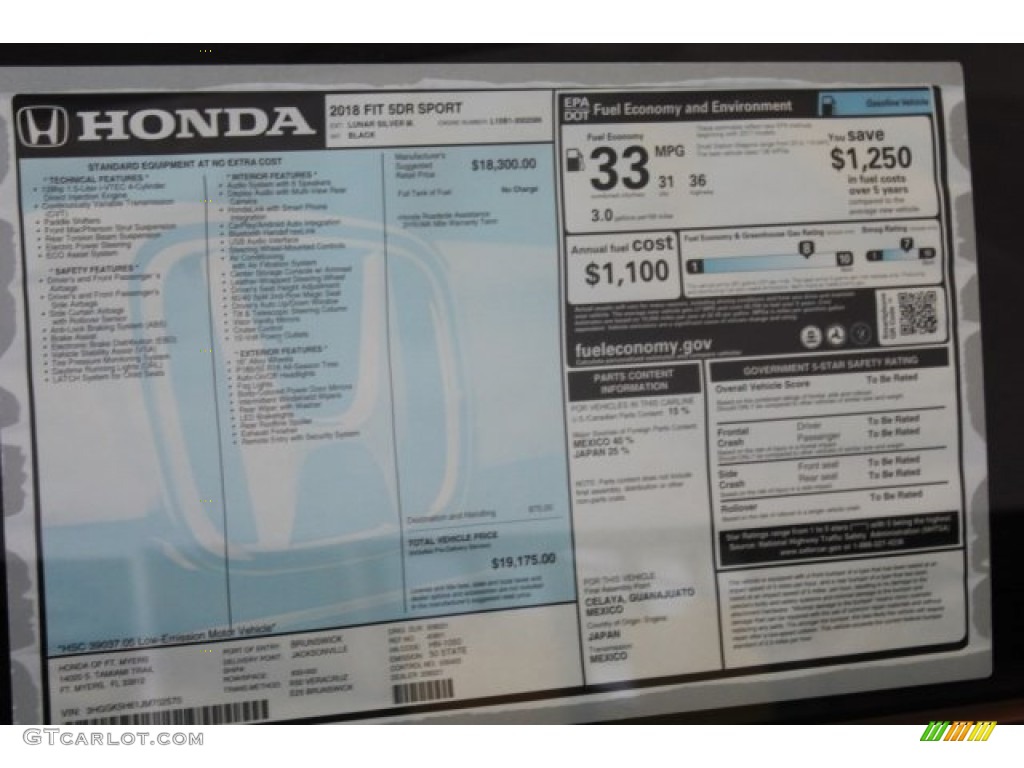 2018 Honda Fit Sport Window Sticker Photo #122182622