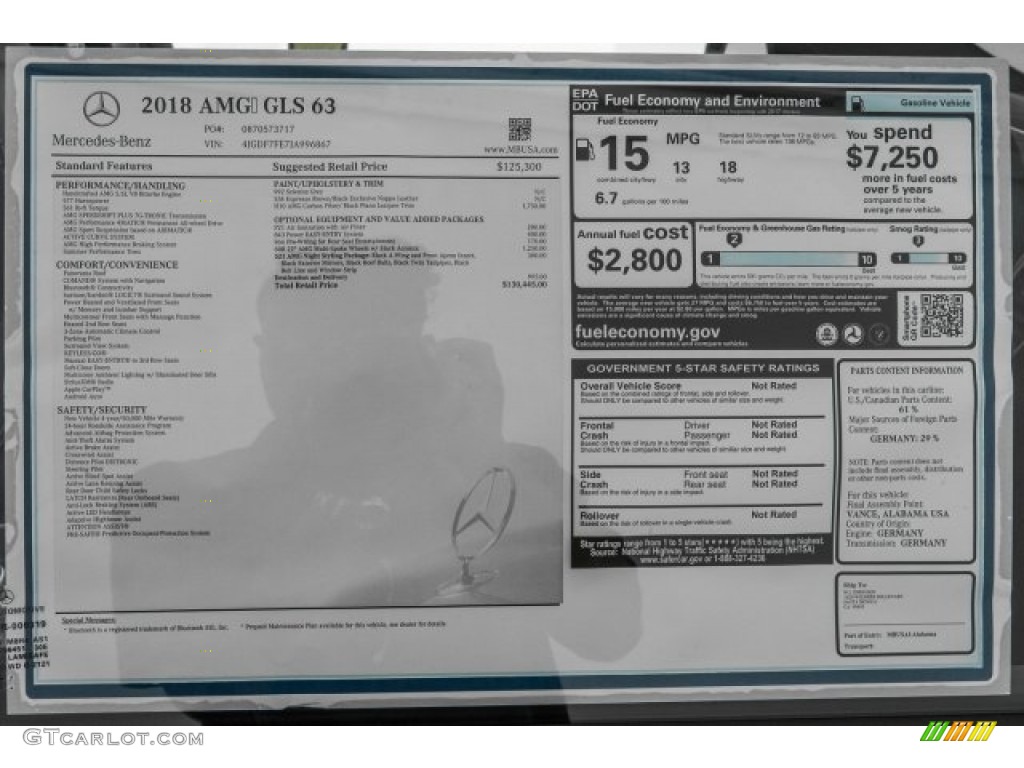 2018 Mercedes-Benz GLS 63 AMG 4Matic Window Sticker Photo #122198484