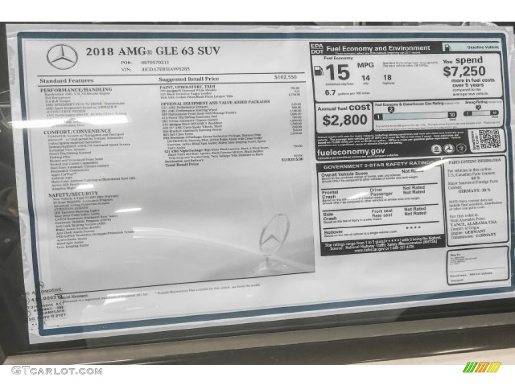 2018 Mercedes-Benz GLE 63 AMG 4Matic Window Sticker Photo #122199030