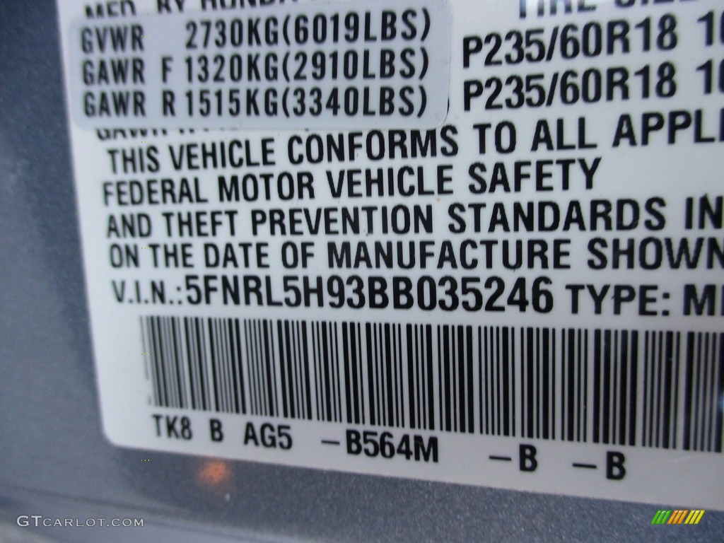 2011 Odyssey Touring - Celestial Blue Metallic / Gray photo #19