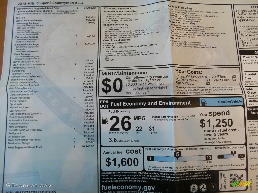 2018 Mini Countryman Cooper S ALL4 Window Sticker Photo #122246526