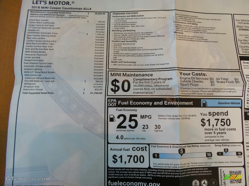 2018 Mini Countryman Cooper ALL4 Window Sticker Photo #122246700