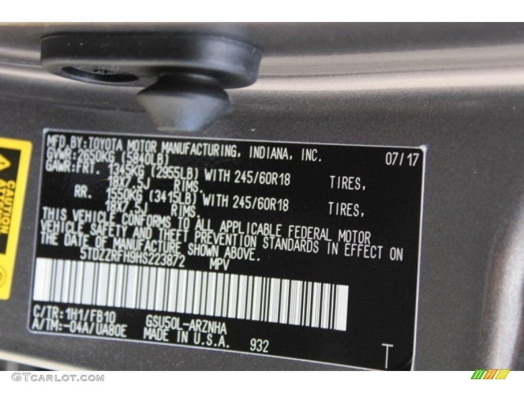 2017 Highlander Color Code 1H1 for Predawn Gray Mica Photo #122316321