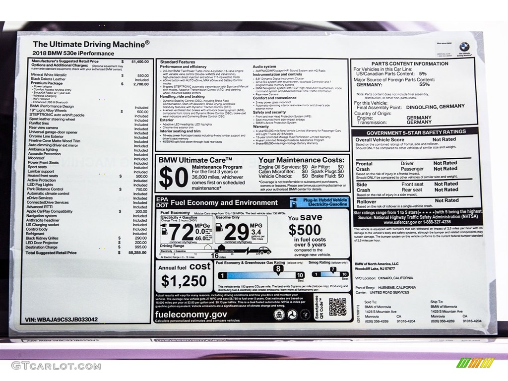 2018 BMW 5 Series 530e iPerfomance Sedan Window Sticker Photo #122317551