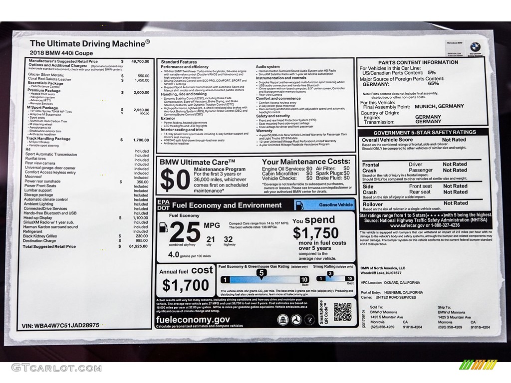 2018 BMW 4 Series 440i Coupe Window Sticker Photo #122317890