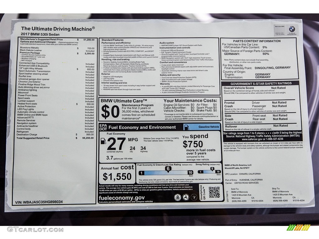 2017 5 Series 530i Sedan - Bluestone Metallic / Black photo #10