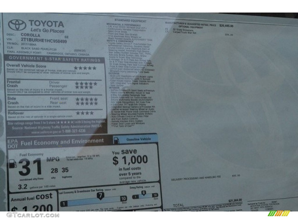 2017 Corolla SE - Black Sand Pearl / Black photo #10