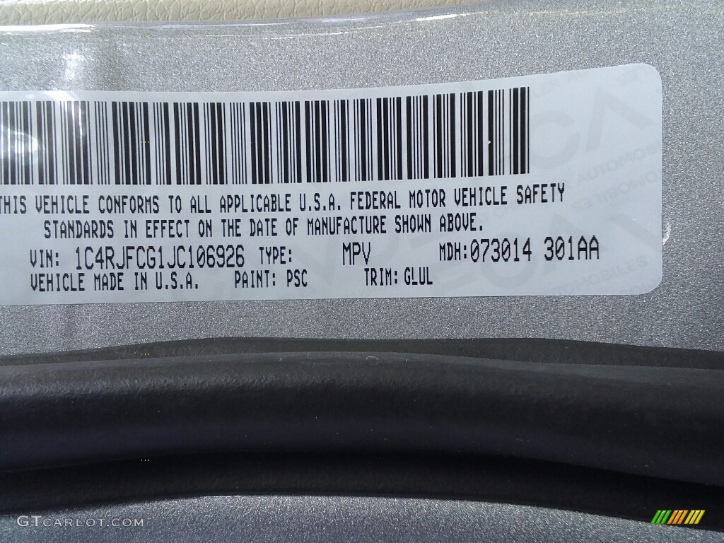 2018 Grand Cherokee Color Code PSC for Billet Silver Metallic Photo #122383510