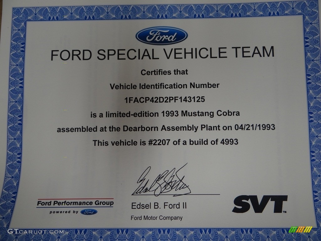 1993 Ford Mustang SVT Cobra Fastback Info Tag Photo #122419221