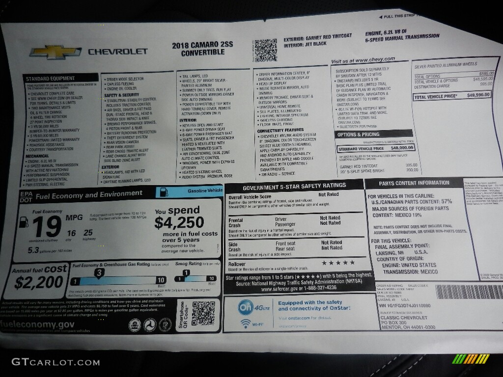 2018 Chevrolet Camaro SS Convertible Window Sticker Photo #122424024
