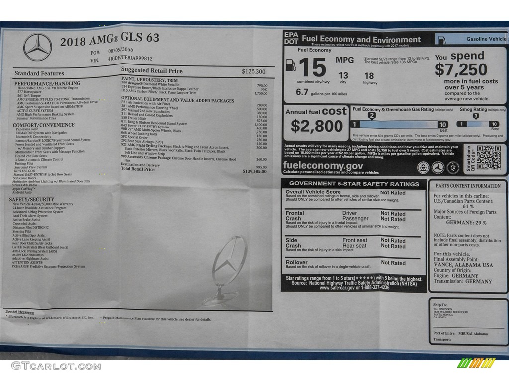 2018 Mercedes-Benz GLS 63 AMG 4Matic Window Sticker Photo #122430401