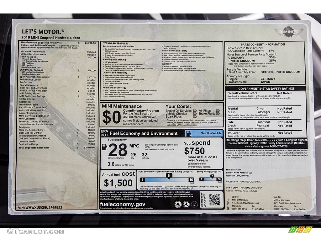 2018 Mini Hardtop Cooper S 4 Door Window Sticker Photo #122449388