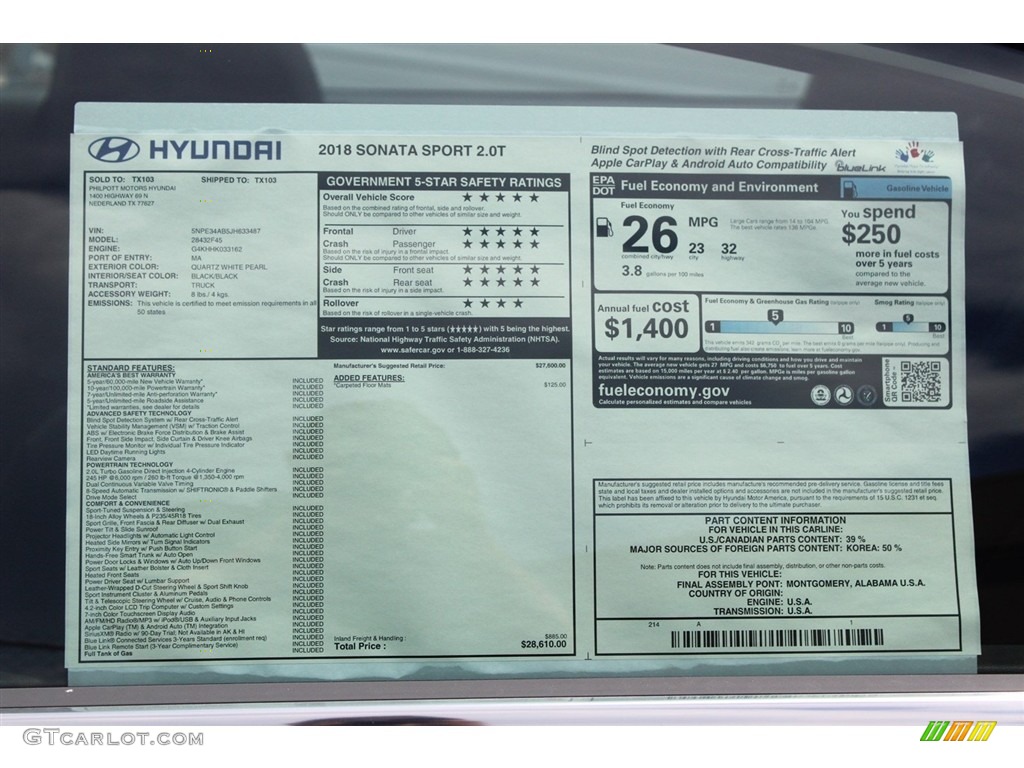 2018 Hyundai Sonata Sport 2.0T Window Sticker Photo #122454446
