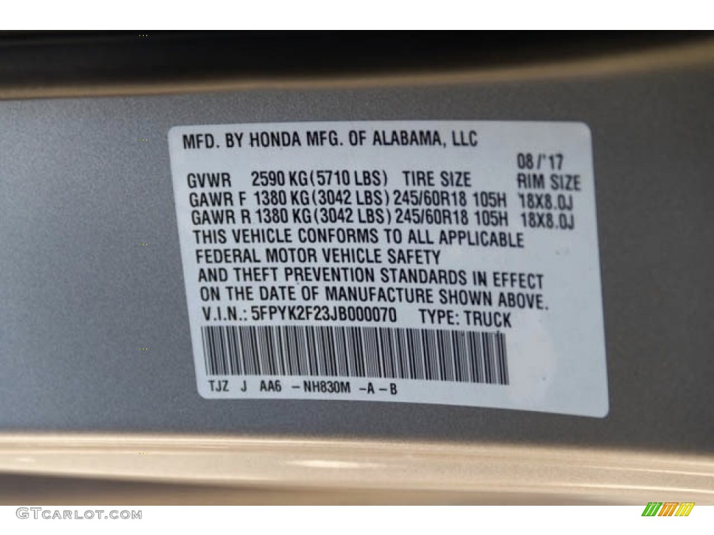 2018 Ridgeline Color Code NH830M for Lunar Silver Metallic Photo #122459036