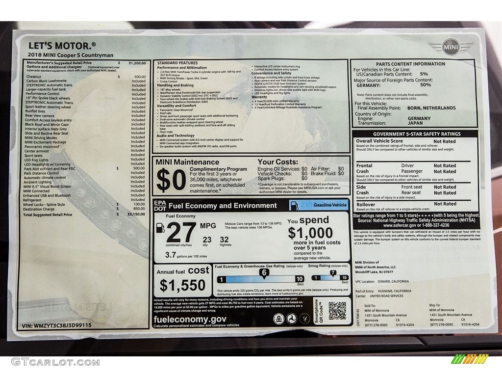 2018 Mini Countryman Cooper S Window Sticker Photo #122461559