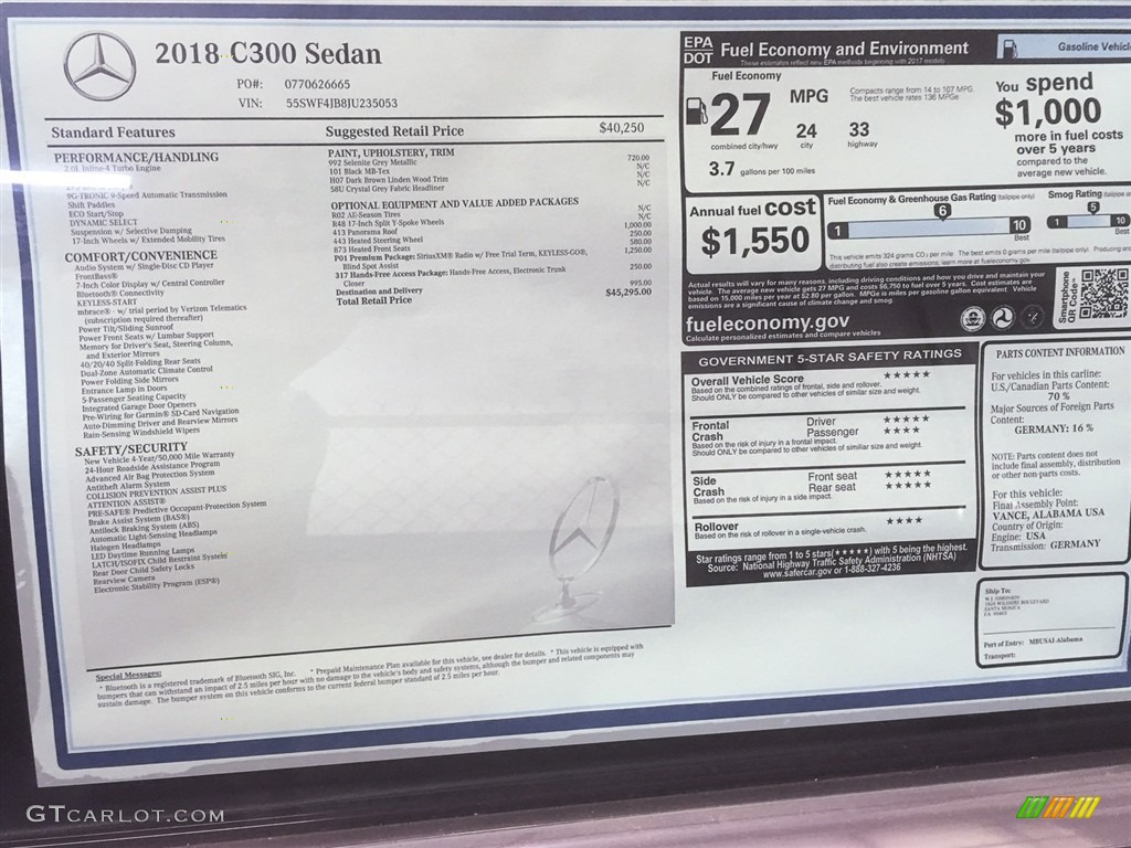 2018 Mercedes-Benz C 300 Sedan Window Sticker Photo #122461637