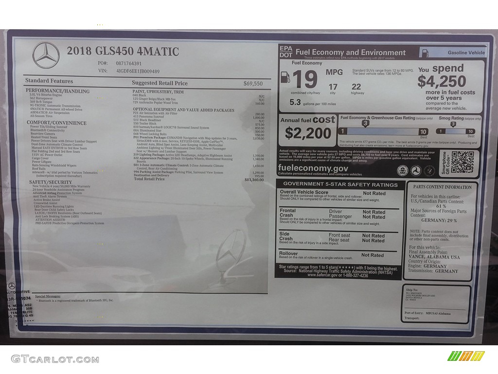 2018 Mercedes-Benz GLS 450 4Matic Window Sticker Photo #122463434
