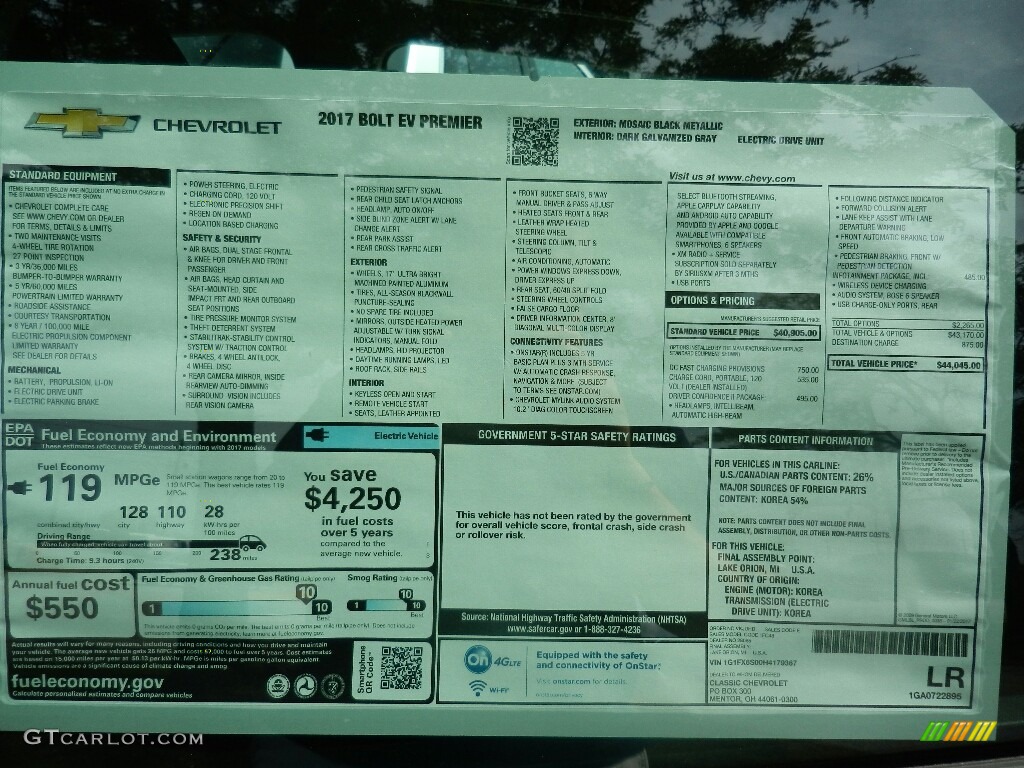 2017 Chevrolet Bolt EV Premier Window Sticker Photo #122471608