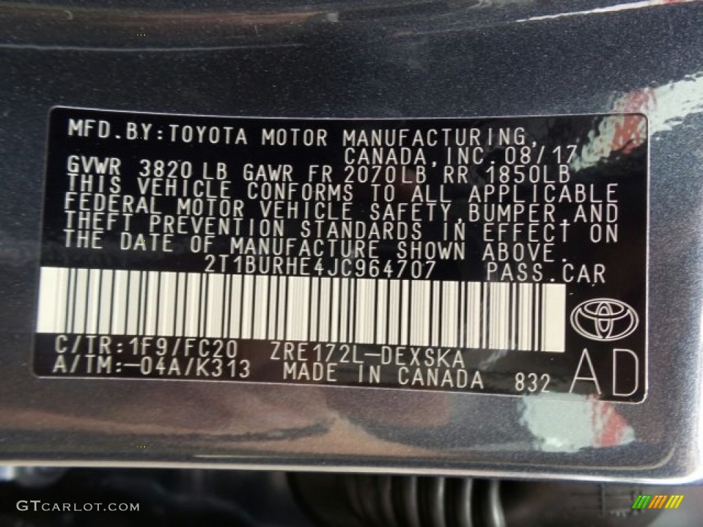 2018 Corolla Color Code 1F9 for Slate Metallic Photo #122488292