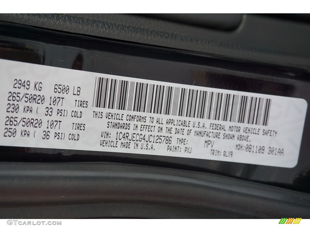 2018 Grand Cherokee Color Code PXJ for Diamond Black Crystal Pearl Photo #122489768