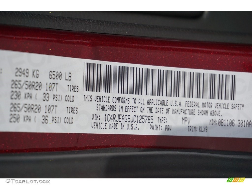 2018 Grand Cherokee Color Code PRV for Velvet Red Pearl Photo #122490014
