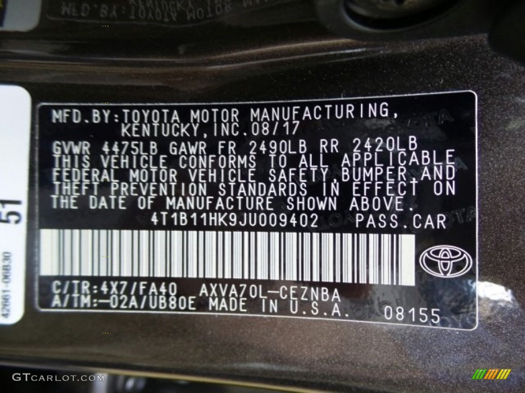 2018 Camry Color Code 4X7 for Brownstone Photo #122490191