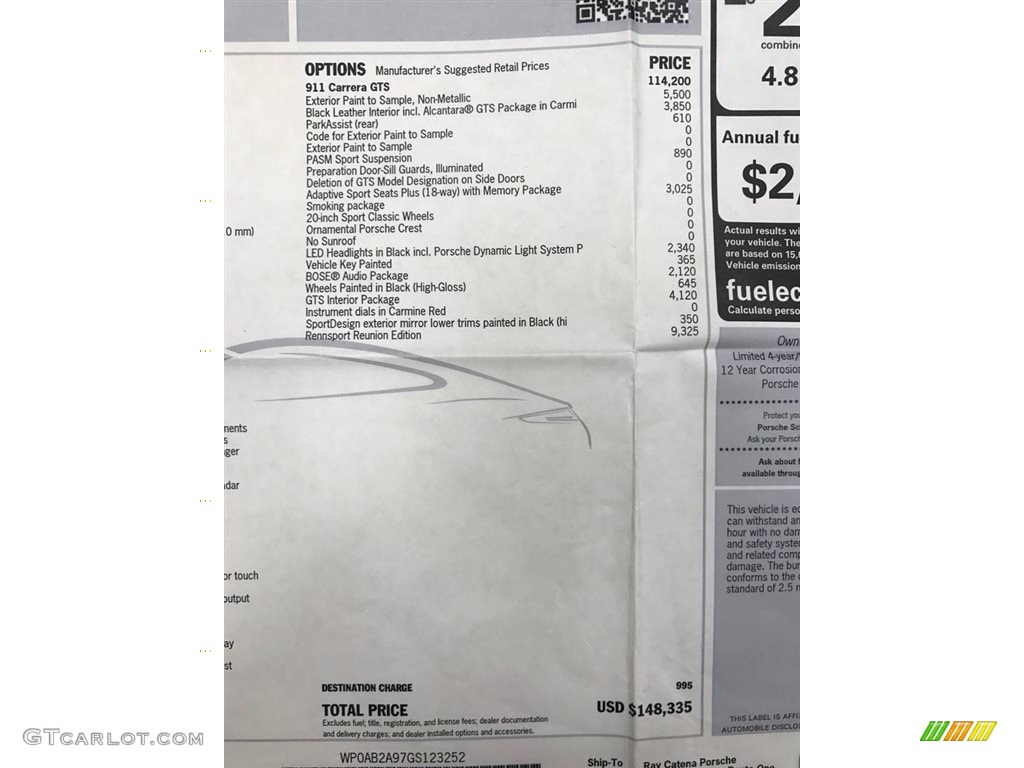 2016 Porsche 911 Carrera GTS Rennsport Edition Coupe Window Sticker Photos