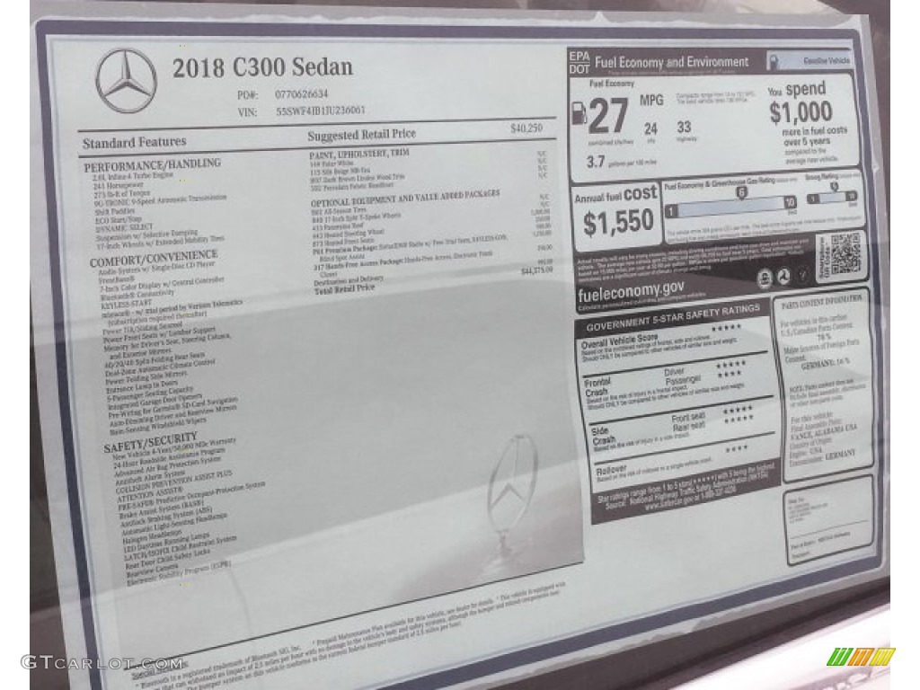 2018 Mercedes-Benz C 300 Sedan Window Sticker Photo #122492399