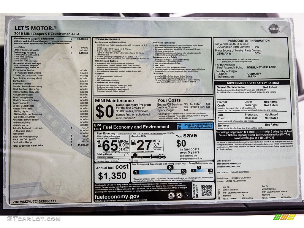 2018 Mini Countryman Cooper S E ALL4 Hybrid Window Sticker Photos