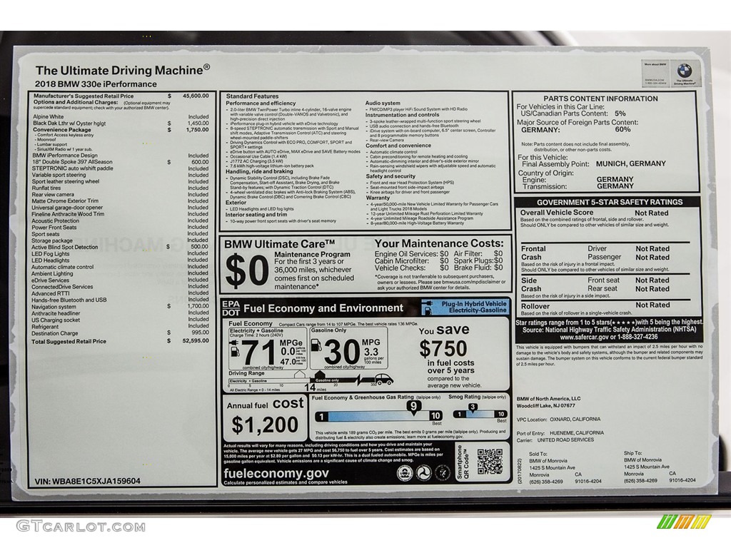 2018 3 Series 330e iPerformance Sedan - Alpine White / Black photo #10