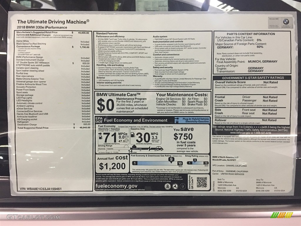 2018 3 Series 330e iPerformance Sedan - Alpine White / Black photo #10