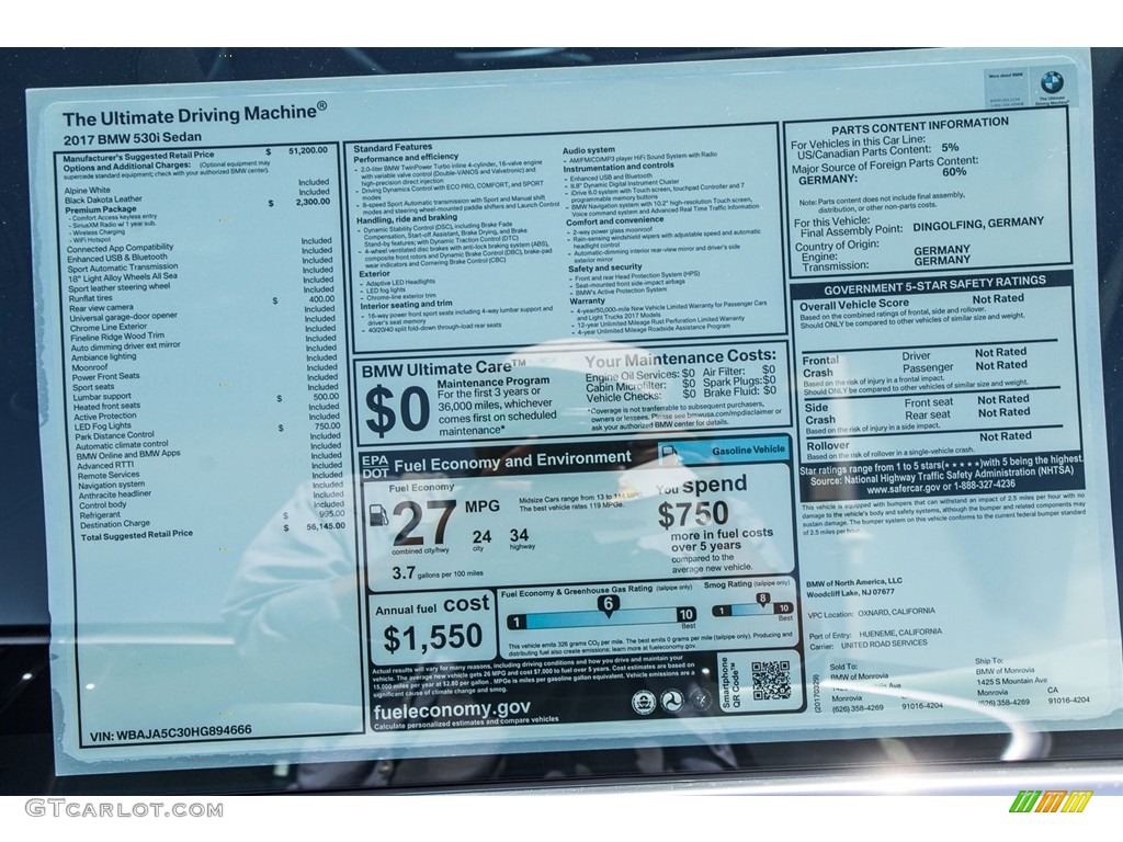 2017 5 Series 530i Sedan - Alpine White / Black photo #11